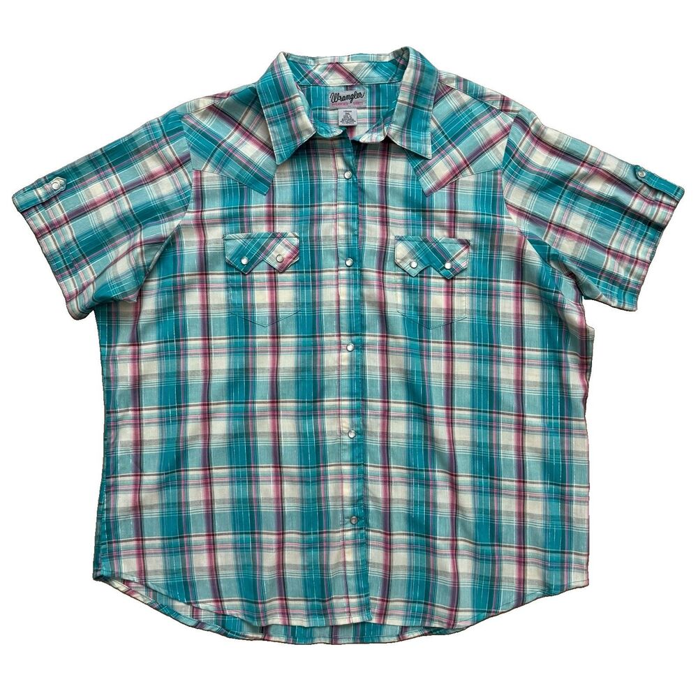 VTG Wrangler Wrancher Womens 3XL Plaid Western Pearl Snap Shirt Teal Cowgirl